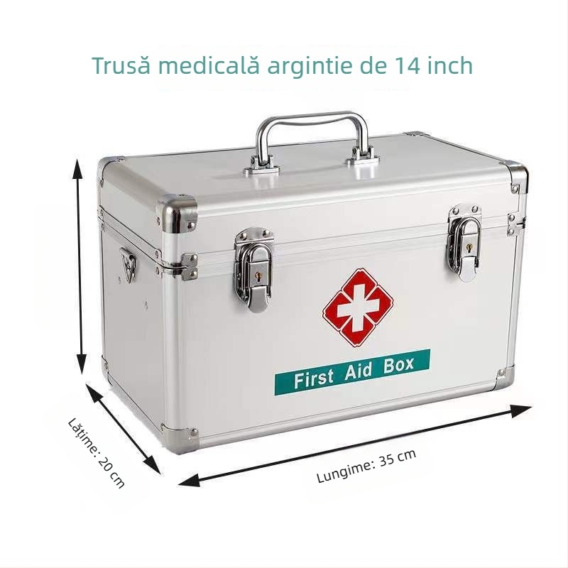 Cutie medicală din aliaj de aluminiu, design multi-strat, pentru uz casnic, cutie portabilă de depozitare a medicamentelor cu 4 compartimente, 35×20×22 cm