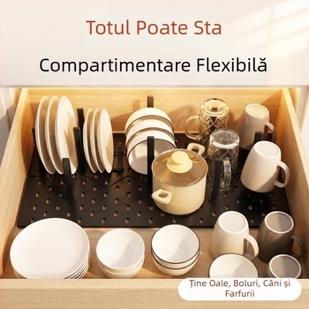 Organizator pentru tacâmuri în sertar, placă perforată, extensibil pentru scurgerea vaselor
