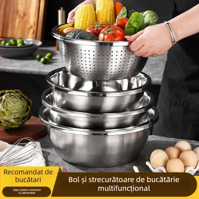 Castron mare din oțel inoxidabil, cu margine lată, utilizare în bucătărie pentru spălat legume, bătut ouă și frământat aluat