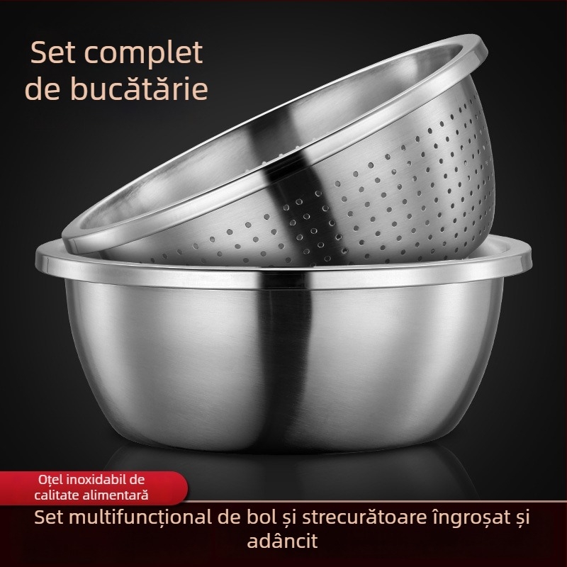 Castron mare din oțel inoxidabil, cu margine lată, utilizare în bucătărie pentru spălat legume, bătut ouă și frământat aluat