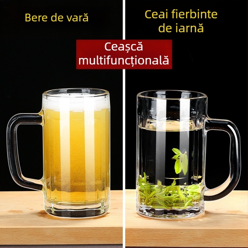 Pahar de sticlă cu mâner – Set de pahare pentru apă, ceai și bere, cu capacitate mare