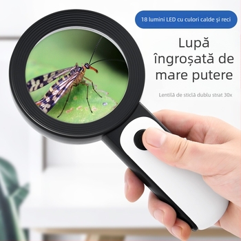 Lupa de citit manuală, 30x, cu lumină caldă și rece, 18 LED-uri, lentile cu două straturi, pentru citit cărți și ziare acasă