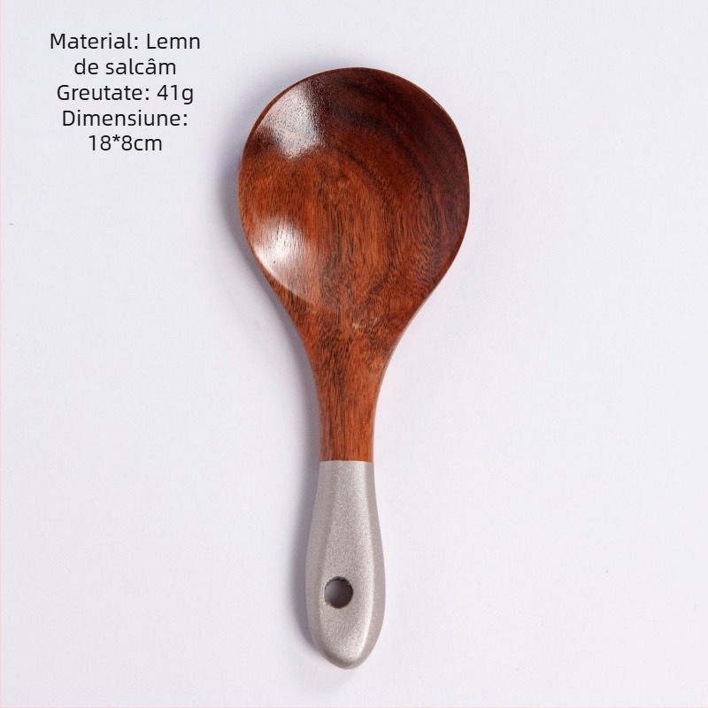 Set de ustensile de bucătărie din lemn de tec: spatulă cu mâner lung, lingură de orez, lingură mare pentru supă și lingură strecurătoare