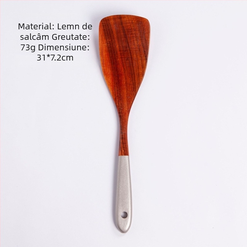 Set de ustensile de bucătărie din lemn de tec: spatulă cu mâner lung, lingură de orez, lingură mare pentru supă și lingură strecurătoare
