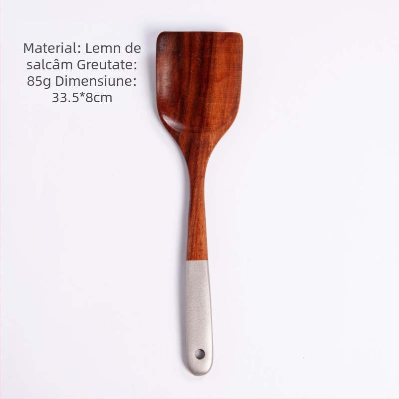 Set de ustensile de bucătărie din lemn de tec: spatulă cu mâner lung, lingură de orez, lingură mare pentru supă și lingură strecurătoare