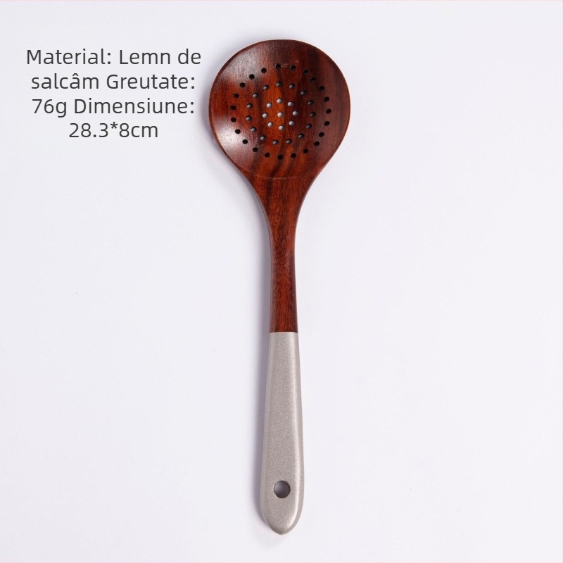 Set de ustensile de bucătărie din lemn de tec: spatulă cu mâner lung, lingură de orez, lingură mare pentru supă și lingură strecurătoare