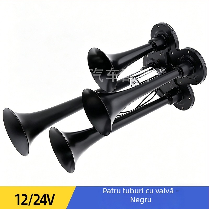 Claxon aer cu patru țevi, 12/24V, 150 dB, control electric pentru camioane