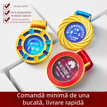 Medalie din cristal cu imprimare color pentru maraton, medalie de aur pentru fotbalul studențesc, medalie metalică cu imprimare în foiță de aur