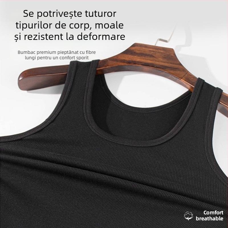 Maieu bărbătesc din bumbac 100%, 240 g, textură rib, croială lejeră, culoare solidă, fără mâneci, respirabil vara