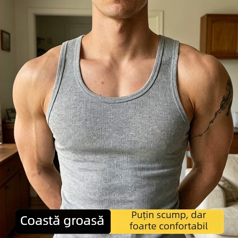 Top fără mâneci din bumbac 100%, 2x2 rib gros, stil american, greu, croială slim pentru fitness de vară