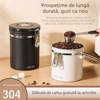 Recipient din oțel inoxidabil pentru cafea, sigilat, cu ventilație unidirecțională pentru boabe și cafea măcinată
