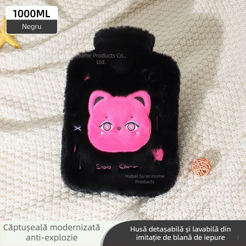 Sticlă de apă caldă umplută, cu husă de pluș groasă, pentru încălzire a mâinilor, abdomenului și umerilor