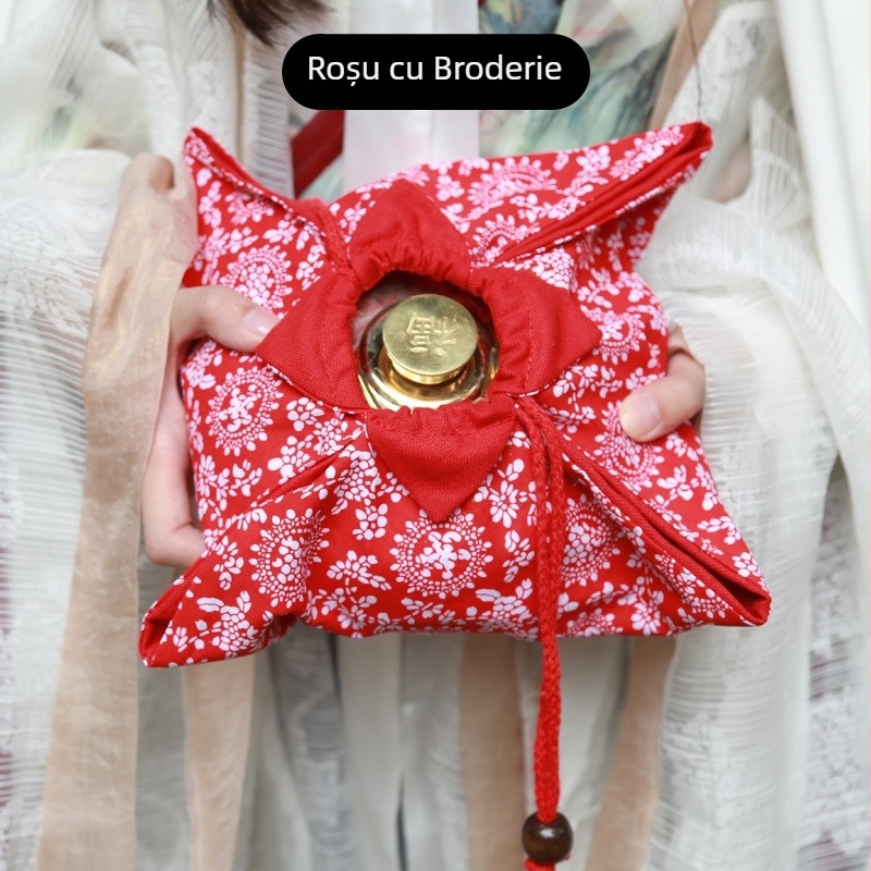 Borcă de apă caldă din cupru pur cu husă din pânză lucrată manual, husă imprimată drăguță pentru încălzirea mâinilor, accesoriu în stil antic Hanfu