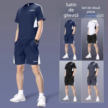 Set sportiv de vară pentru bărbați din Ice Silk, uscare rapidă - tricou cu mânecă scurtă și șorturi de fitness