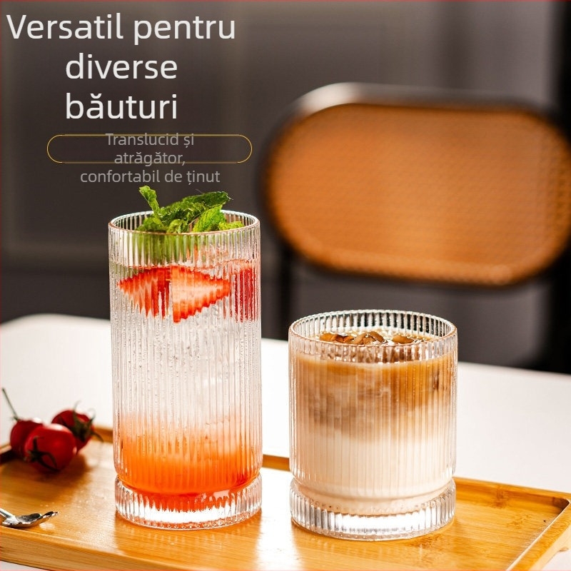 Pahar din sticlă pentru băuturi lungi, cu dungi – whisky, cocktailuri și cafea — stil minimalist, estetică înaltă, inspirat de Instagram