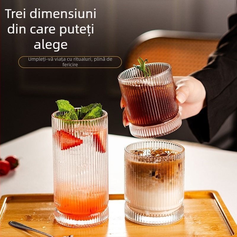 Pahar din sticlă pentru băuturi lungi, cu dungi – whisky, cocktailuri și cafea — stil minimalist, estetică înaltă, inspirat de Instagram