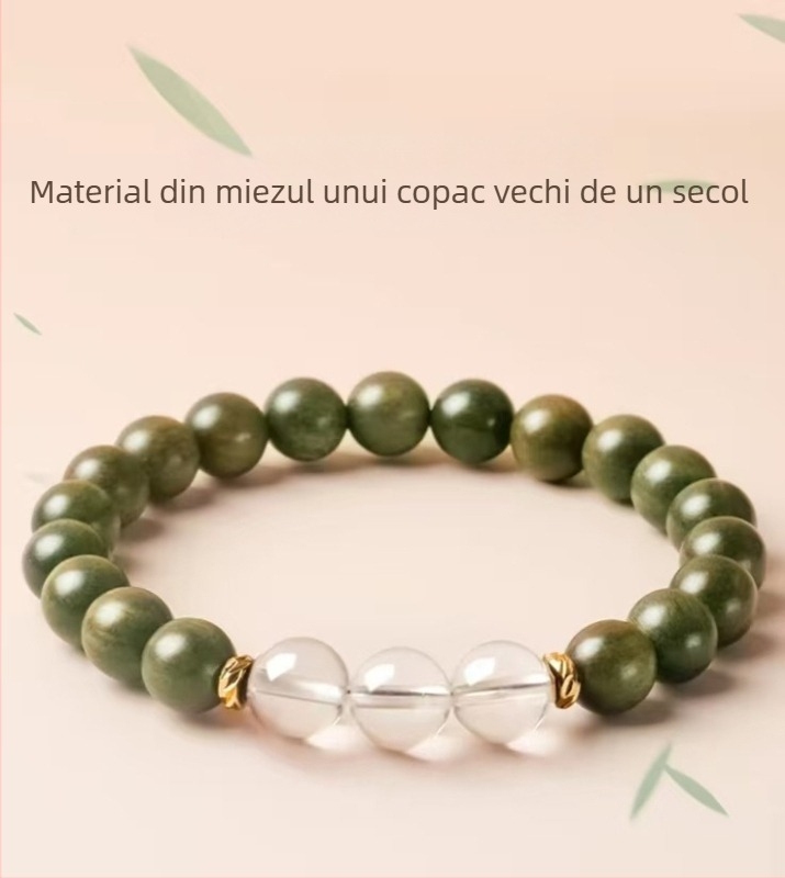 Brățară unisex din lemn de santal verde natural, cu mărgele de cristal, design cu cinci elemente, 6 mm, 27 de mărgele, realizată manual