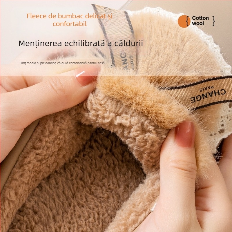Pantofi de casă din bumbac cu funda pentru femei, toamnă-iarna 2024, talpă groasă, pluș cald, antiderapante