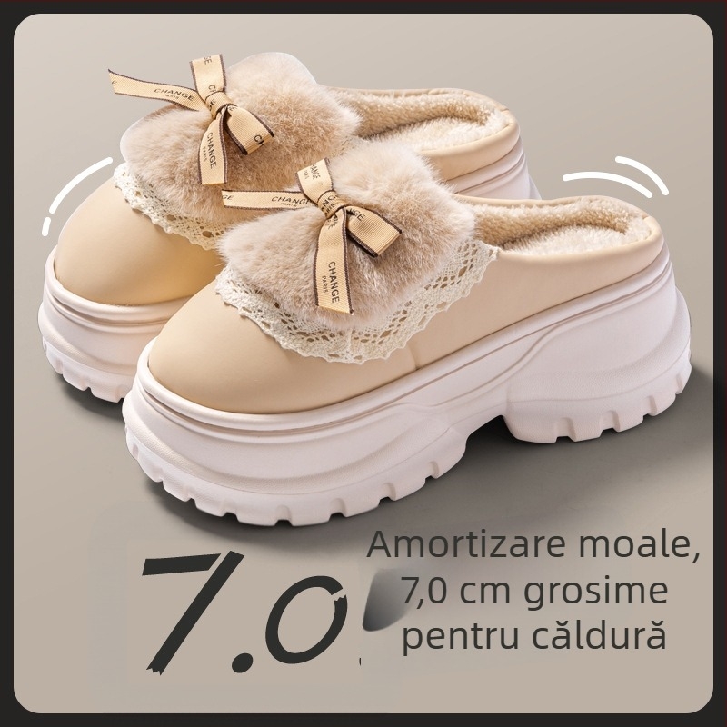Pantofi de casă din bumbac cu funda pentru femei, toamnă-iarna 2024, talpă groasă, pluș cald, antiderapante