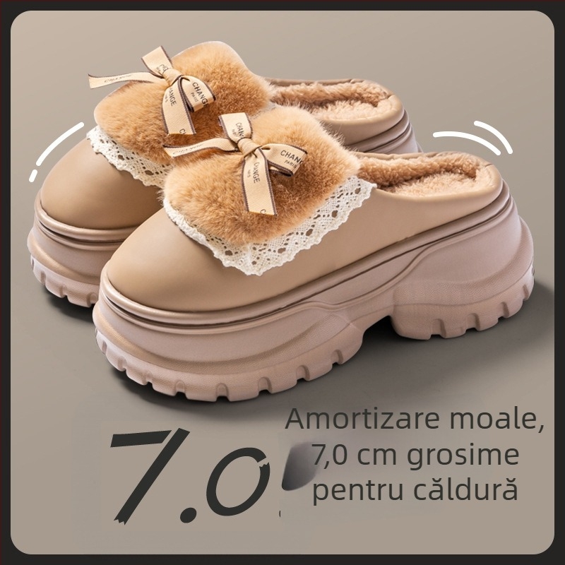 Pantofi de casă din bumbac cu funda pentru femei, toamnă-iarna 2024, talpă groasă, pluș cald, antiderapante