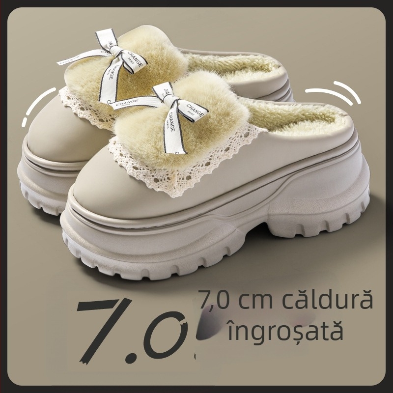 Pantofi de casă din bumbac cu funda pentru femei, toamnă-iarna 2024, talpă groasă, pluș cald, antiderapante