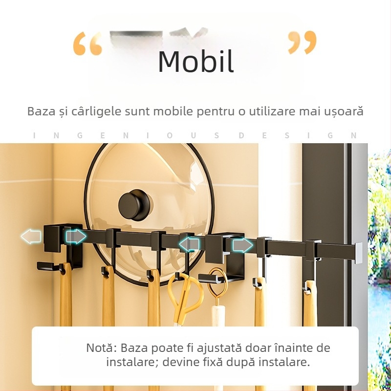 Raft de perete neperforat, negru, cârlige pentru linguri și ustensile de bucătărie, design minimalist