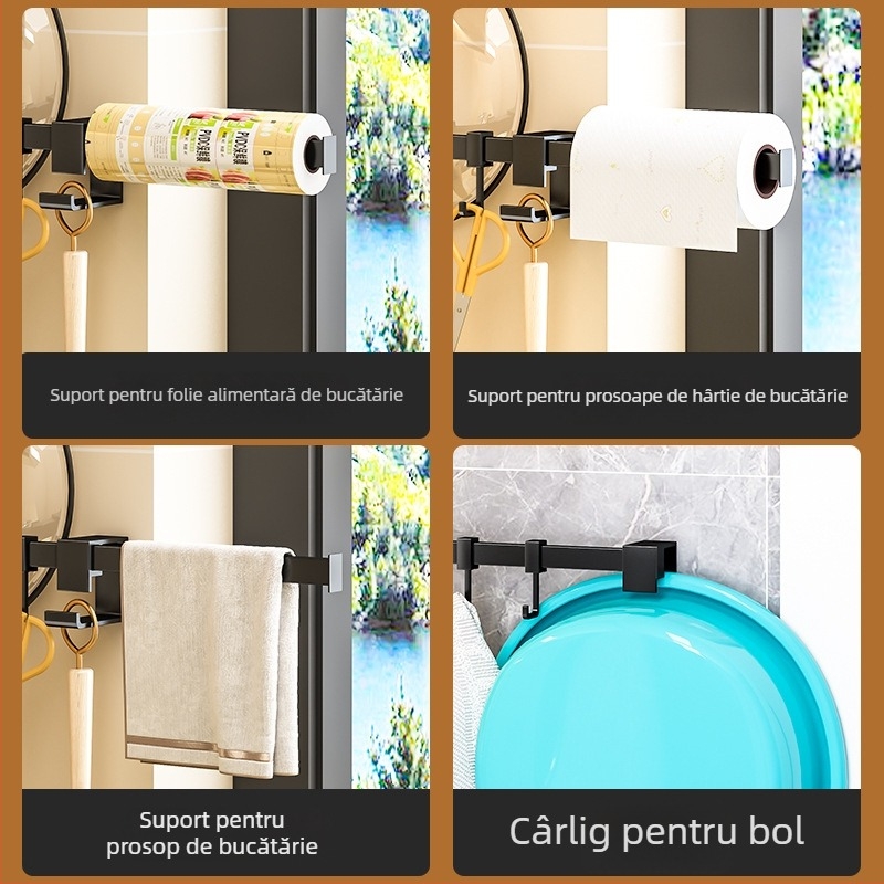 Raft de perete neperforat, negru, cârlige pentru linguri și ustensile de bucătărie, design minimalist