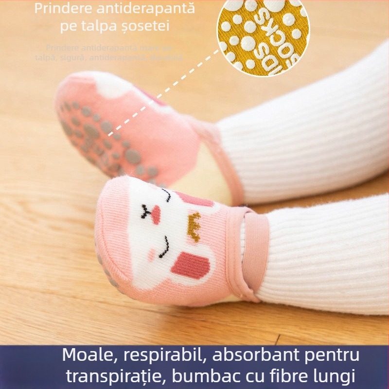 Șosete scurte pentru bebeluși cu personaje animate, pentru băieți și fetițe, absorbante de transpirație, respirabile, antiderapante, durabile pentru învățarea mersului.