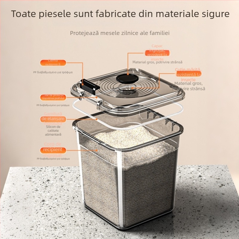 Recipient de plastic pentru depozitare orez și făină, etanș, rezistent la umezeală și insecte, alimentare, capacitate 10 L sau mai mare, uz casnic