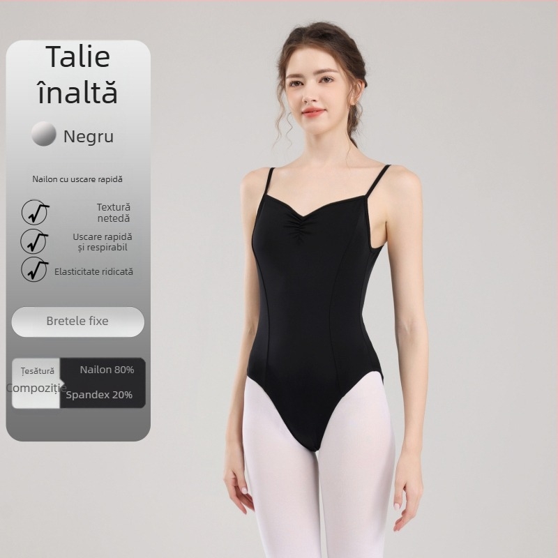 Leotard cu bretele reglabile, decolteu în V, bretele spate mari, pentru balet și dans, costum unic pentru modelarea corpului și antrenament, pentru examene artistice