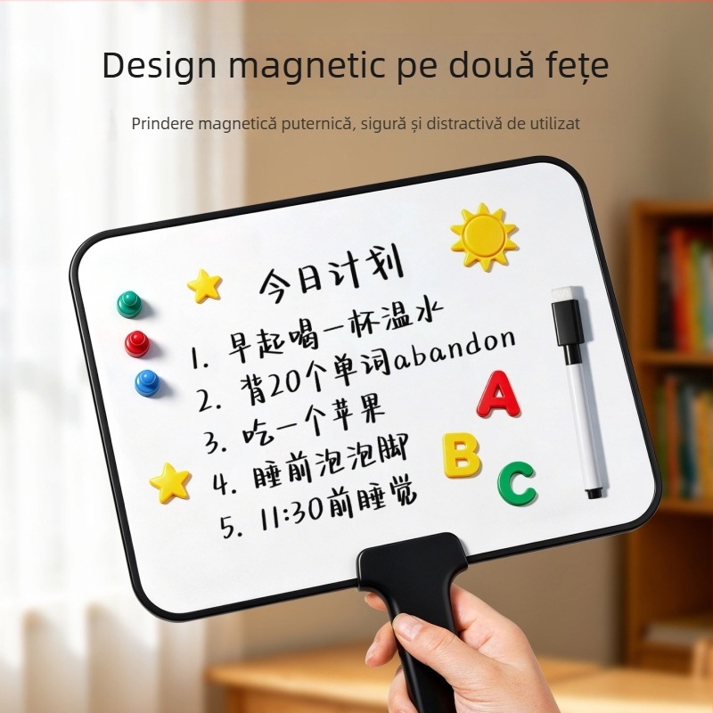 Mini tablă albă magnetică, de mână, cu două fețe, ușor de șters, pentru transmisiuni în direct și notițe acasă