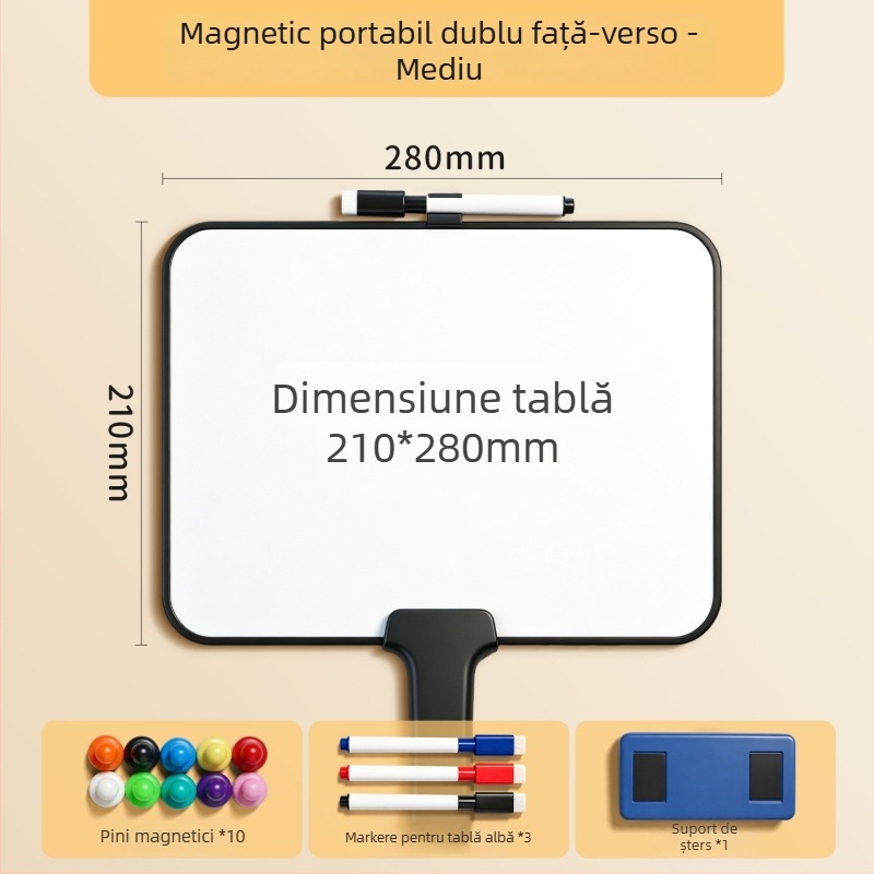 Mini tablă albă magnetică, de mână, cu două fețe, ușor de șters, pentru transmisiuni în direct și notițe acasă