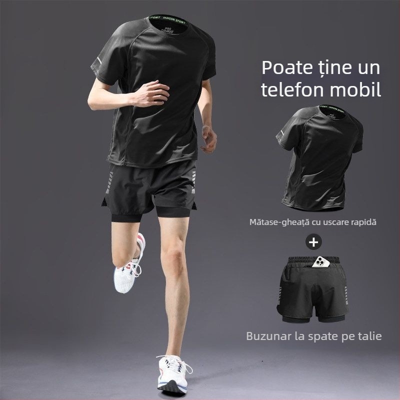 Set de alergare pentru bărbați, uscare rapidă — tricou cu mânecă scurtă și pantaloni scurți, echipament de vară