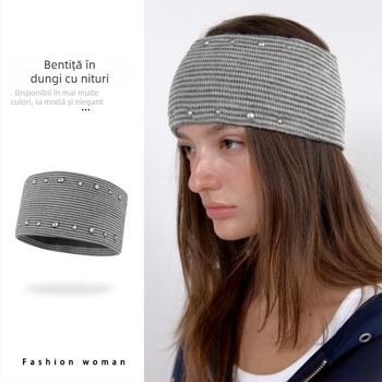 Bandă pentru cap tricotată cu elemente metalice rivet, lată și dungată, pentru a acoperi părul descurcat; stil sport