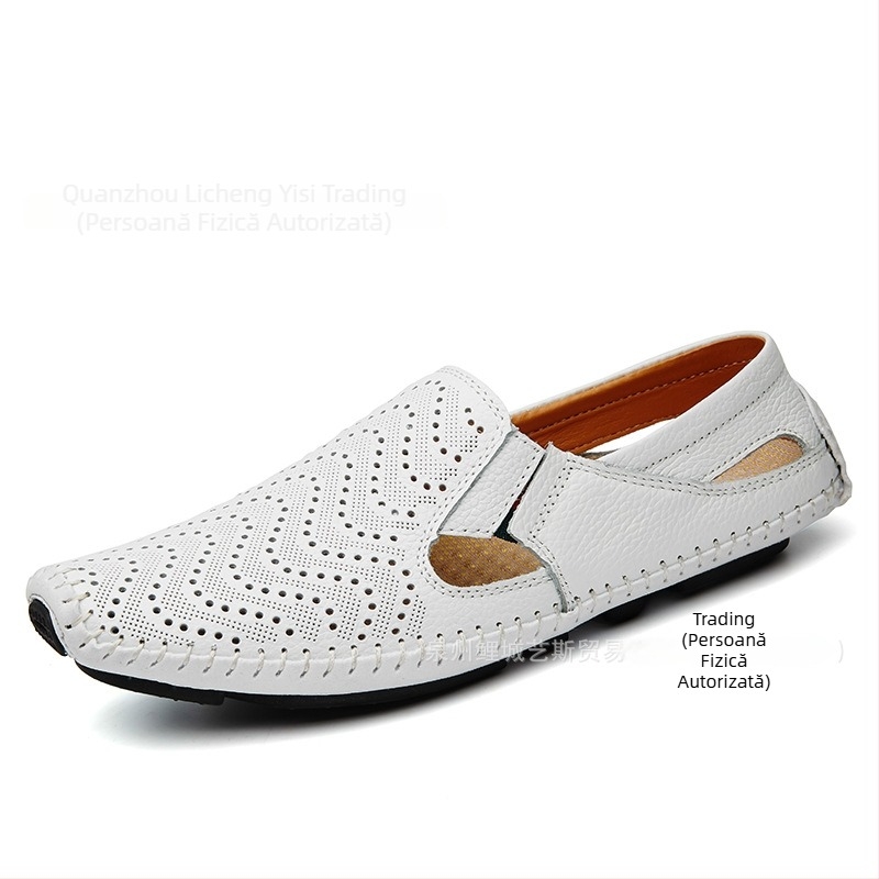 Sandale slip-on pentru bărbați, vară, mărime mare, piele de vită de top, ușoare, respirabile, design perforat, pantofi casual-formali