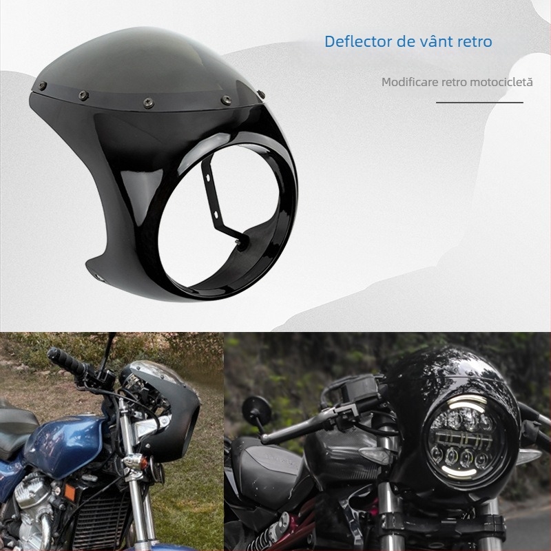 Caroserie retro pentru motocicletă cu deflector de aer și capac de far, design cap de porc, culoare cafea