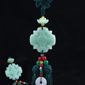 Pandantiv auto cu Pixiu Buddha, piatră verde, ciucuri și nod chinezesc