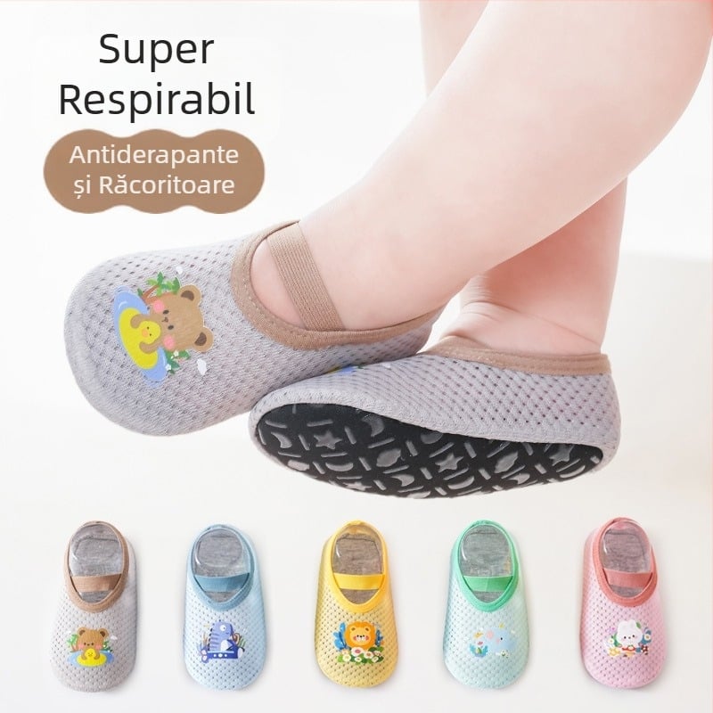 Șosete de podea pentru bebeluși, vară, 0–12 luni, unisex, antiderapante, talpă moale, respirabile, pentru învățarea mersului