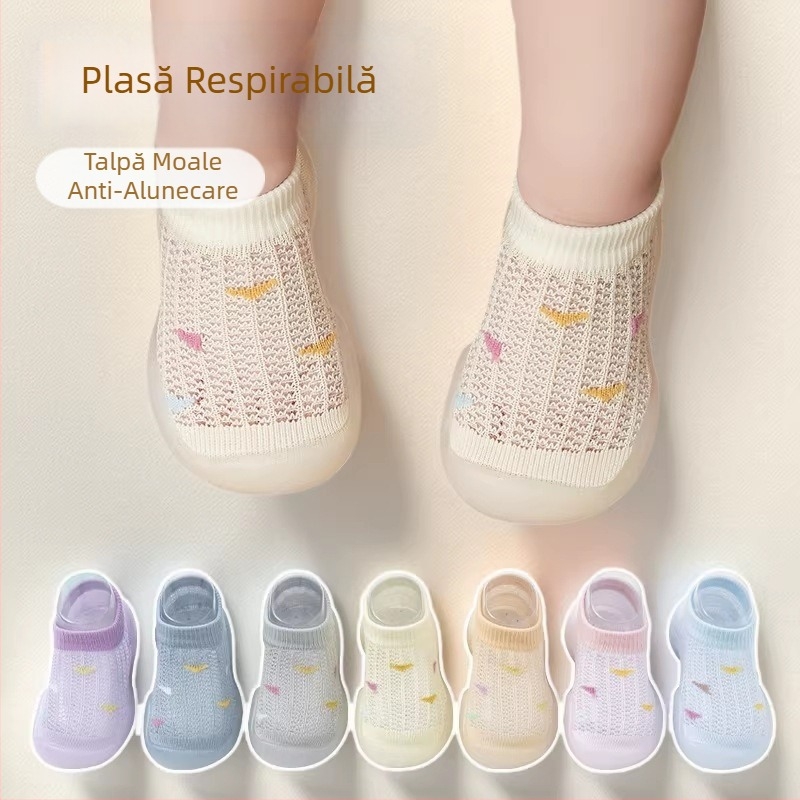 Pantofi bebeluși din plasă respirabilă, încălțăminte tip șosetă, talpă moale, interior, unisex, 0–3 ani, vară, antiderapant.