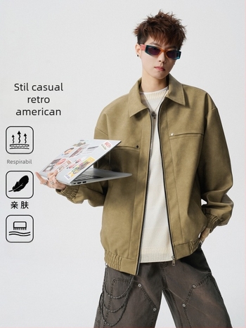 Geacă din piele PU pentru bărbați, în stil american retro, cu rever și închidere cu fermoar, croială lejeră, căptușeală din catifea, potrivită pentru primăvară și toamnă