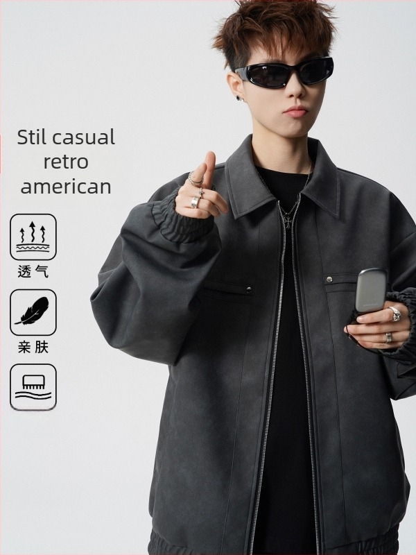 Geacă din piele PU pentru bărbați, în stil american retro, cu rever și închidere cu fermoar, croială lejeră, căptușeală din catifea, potrivită pentru primăvară și toamnă