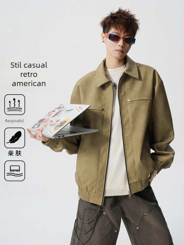 Geacă din piele PU pentru bărbați, în stil american retro, cu rever și închidere cu fermoar, croială lejeră, căptușeală din catifea, potrivită pentru primăvară și toamnă
