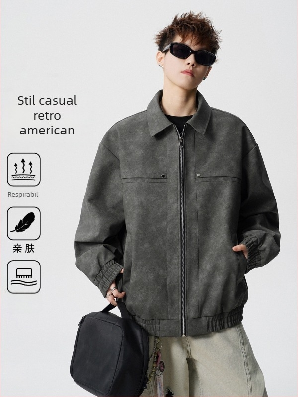 Geacă din piele PU pentru bărbați, în stil american retro, cu rever și închidere cu fermoar, croială lejeră, căptușeală din catifea, potrivită pentru primăvară și toamnă