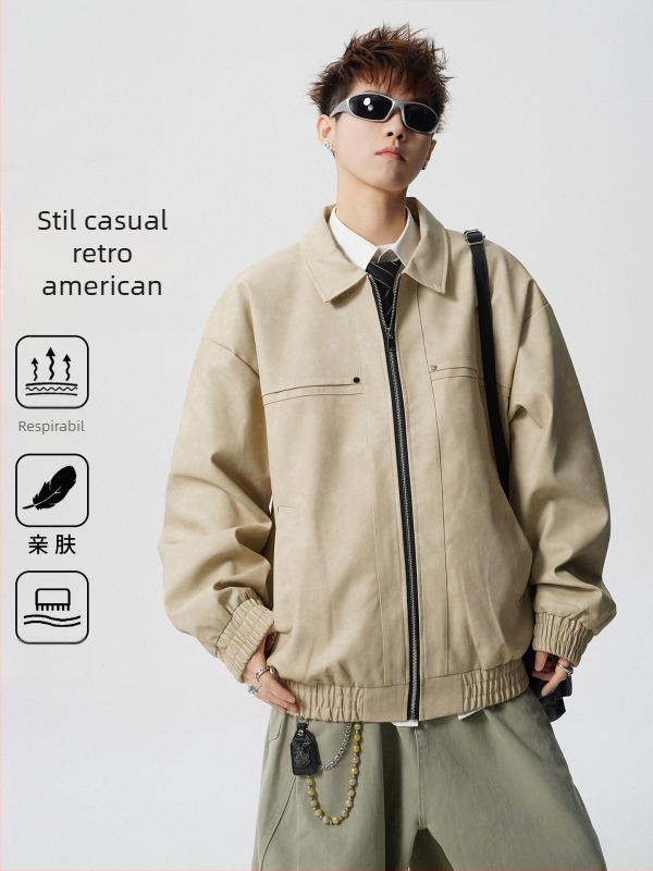 Geacă din piele PU pentru bărbați, în stil american retro, cu rever și închidere cu fermoar, croială lejeră, căptușeală din catifea, potrivită pentru primăvară și toamnă