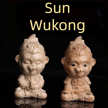Sun Wukong din lemn de piersic, ornament de birou, sculptură în lemn