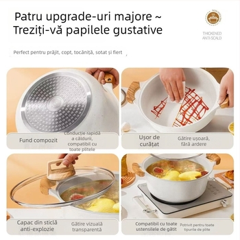 Oală de supă din piatră Maifan, cu strat antiaderent din titan, oală multifuncțională pentru supă, gătit la tigaie, abur, porridge și lapte; compatibilă cu plite cu inducție și gaz.