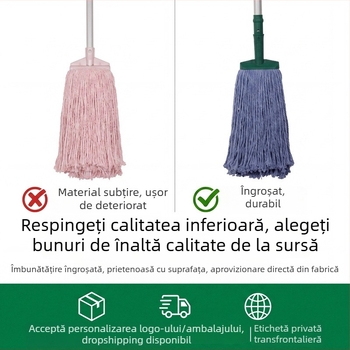 Mop cu cap rotund, întărit, din fire de bumbac albe, absorbant și durabil, mop de uz casnic cu cap detașabil pentru curățare