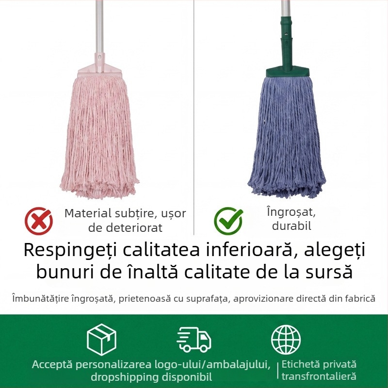 Mop cu cap rotund, întărit, din fire de bumbac albe, absorbant și durabil, mop de uz casnic cu cap detașabil pentru curățare