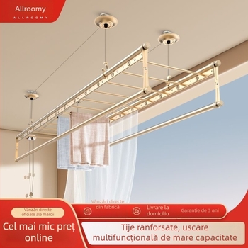 Sistem de uscat haine cu manivelă, montat pe plafon, cu ridicare, rezistent la vânt, două bare, pentru balcon