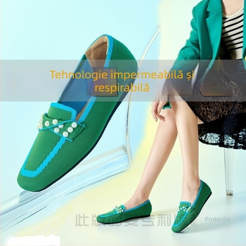 Loafers dama cu vârf pătrat, tricotate, talpă plată, impermeabile și respirabile, realizate manual, slip-on